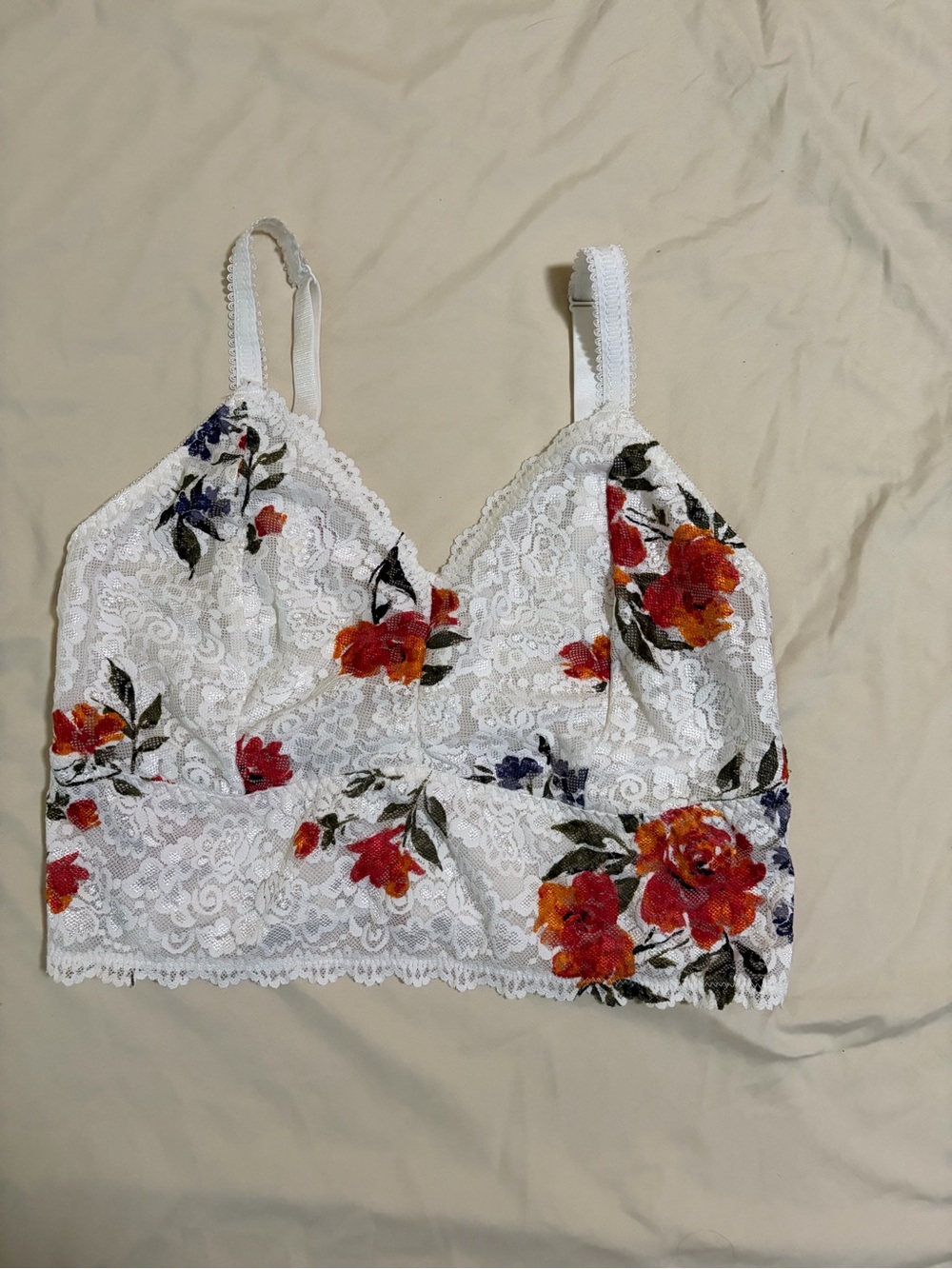 torrid White Floral Lace Bralette with Red & Orange Flowers